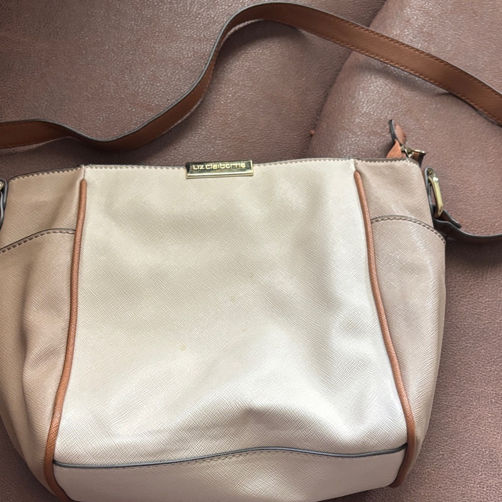 Liz Claiborne Cream and Tan Trim Crossbody Shoulder Bag